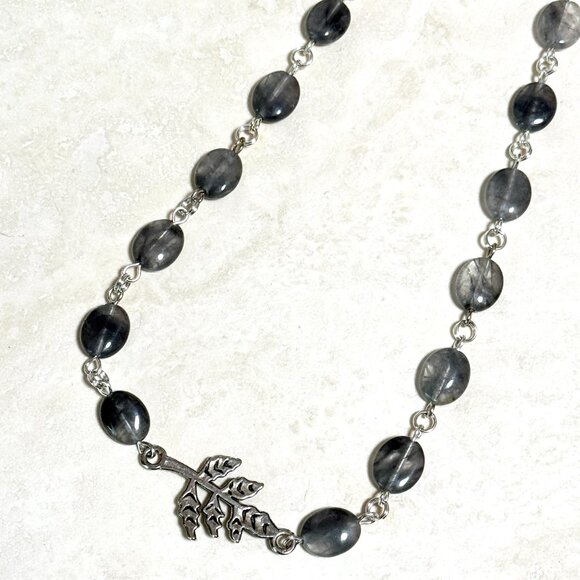 Genuine Grey Tourmalinated Quartz Short Necklace, Gemstone & Leaf Branch Pendant - Picture 7 of 14
